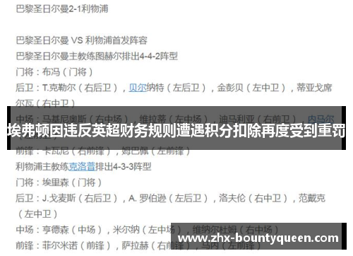 埃弗顿因违反英超财务规则遭遇积分扣除再度受到重罚